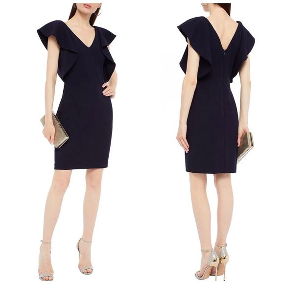 NWOT MARK + JAMES BY BADGLEY MISCHKA Cascade Ruffle Stretch Crepe Sheath Dress - Picture 1 of 10